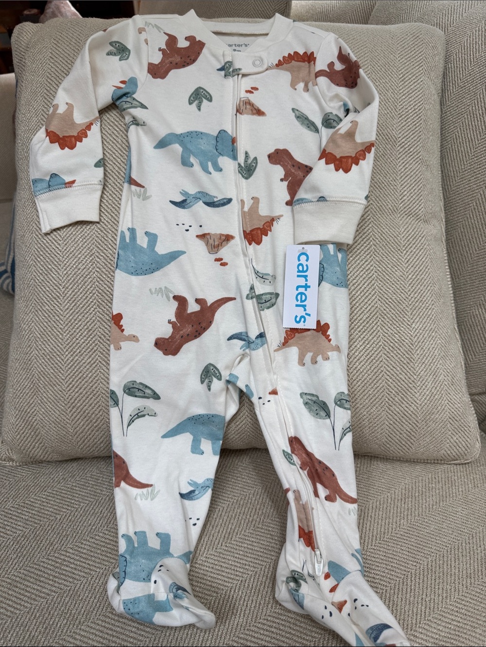 Carter's Cream Dinosaur Print Footed One-Piece 9 months